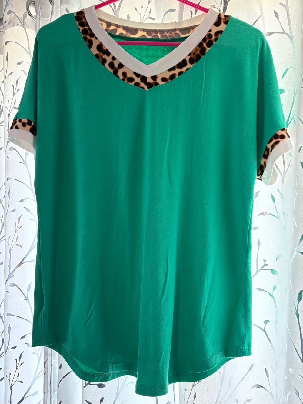Green V-Neck Short Sleeve Top with Leopard Trim